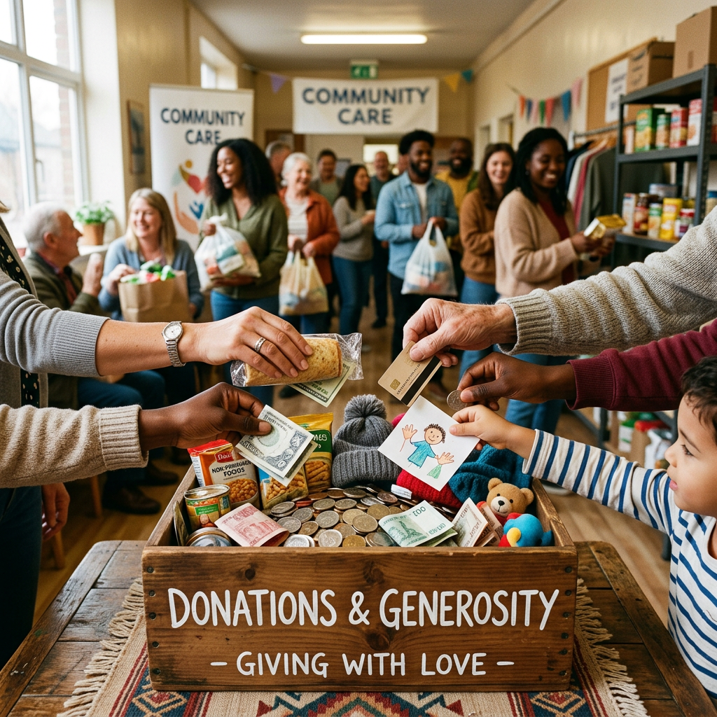 Hands placing money, food, and items into a donations box labeled 'Donations & Generosity - Giving with Love'